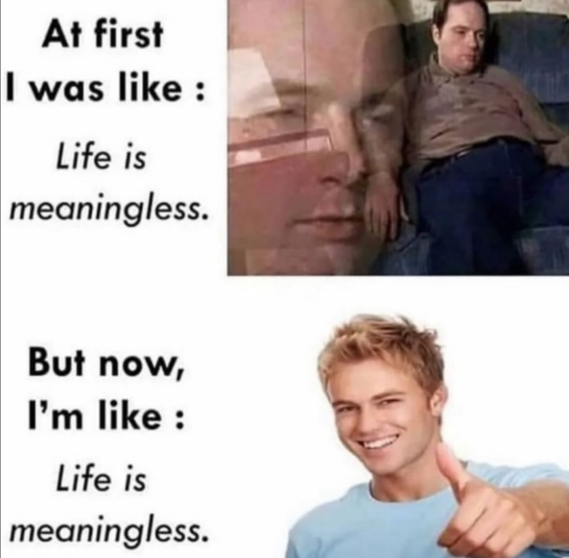 At first I was like: Life is meaningless. But now, I'm like : Life is meaningless.