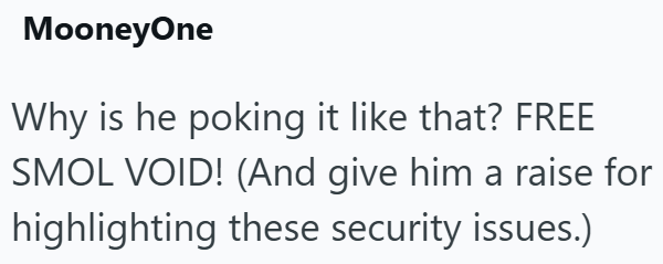 MooneyOne Why is he poking it like that? FREE SMOL VOID! (And give him a raise for highlighting these security issues.)