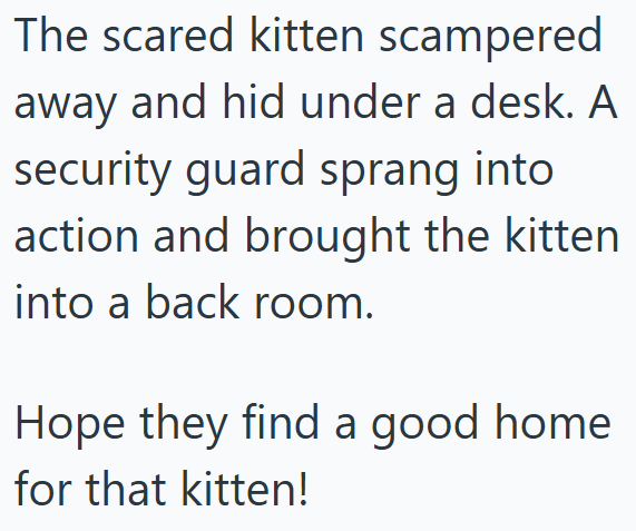 The scared kitten scampered away and hid under a desk. A security guard sprang into action and brought the kitten into a back room. Hope they find a good home for that kitten!