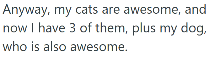 Anyway, my cats are awesome, and now I have 3 of them, plus my dog, who is also awesome.