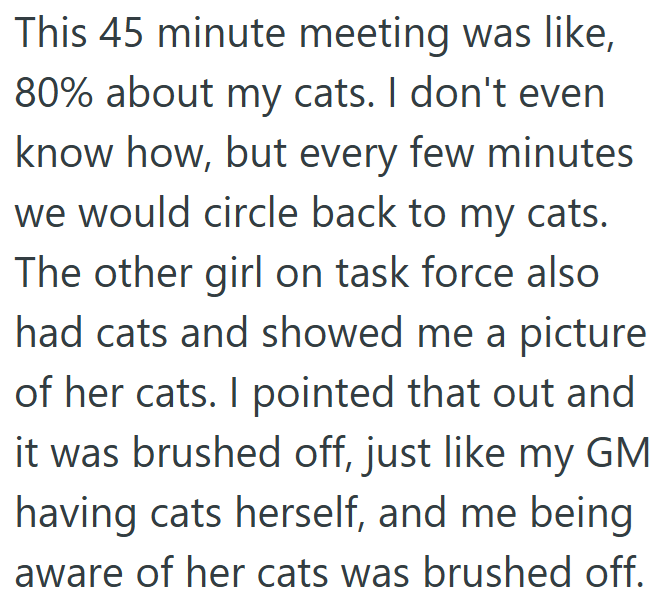 This 45 minute meeting was like, 80% about my cats. I don't even know how, but every few minutes we would circle back to my cats. The other girl on task force also had cats and showed me a picture of her cats. I pointed that out and it was brushed off, just like my GM having cats herself, and me being aware of her cats was brushed off.