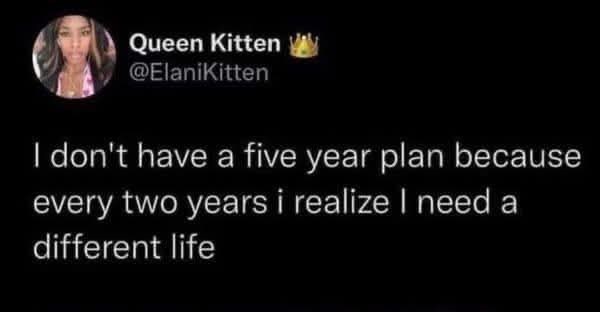Queen Kitten @ElaniKitten I don't have a five year plan because every two years i realize I need a different life