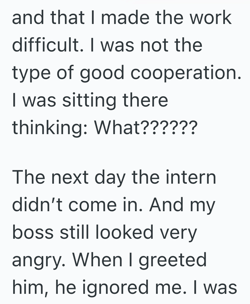 and that I made the work difficult. I was not the type of good cooperation. I was sitting there thinking: What?????? The next day the intern didn't come in. And my boss still looked very angry. When I greeted him, he ignored me. I was