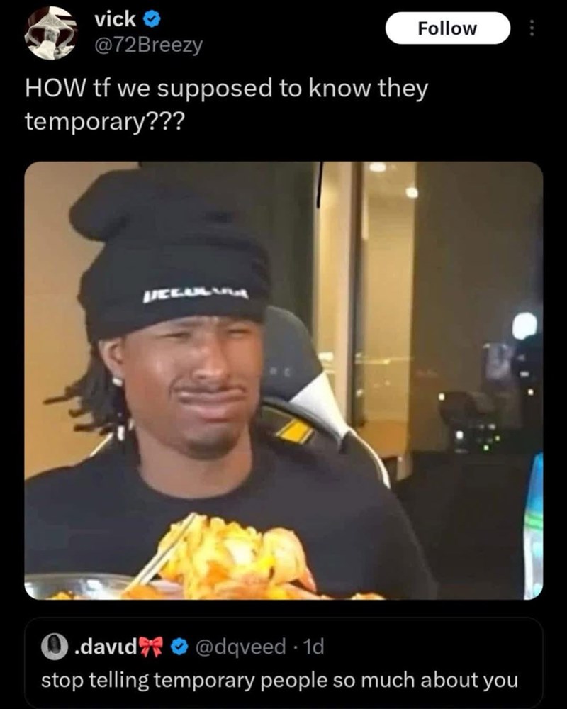 vick @72Breezy Follow HOW tf we supposed to know they temporary??? .david@dqveed . 1d stop telling temporary people so much about you