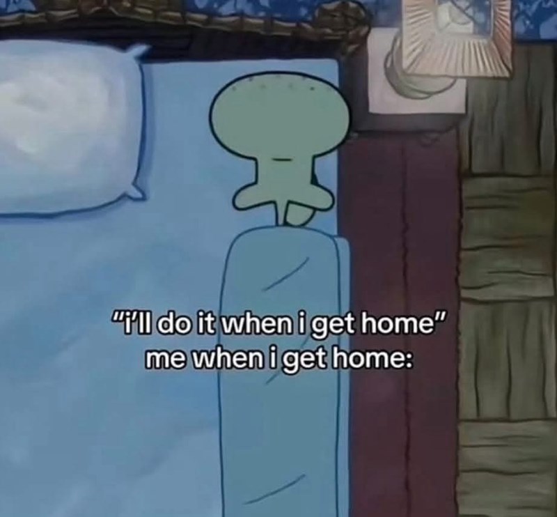 "i'll do it when i get home" me when i get home:
