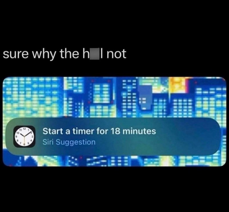 sure why the hell not 10. B 12 65 3 Start a timer for 18 minutes Siri Suggestion