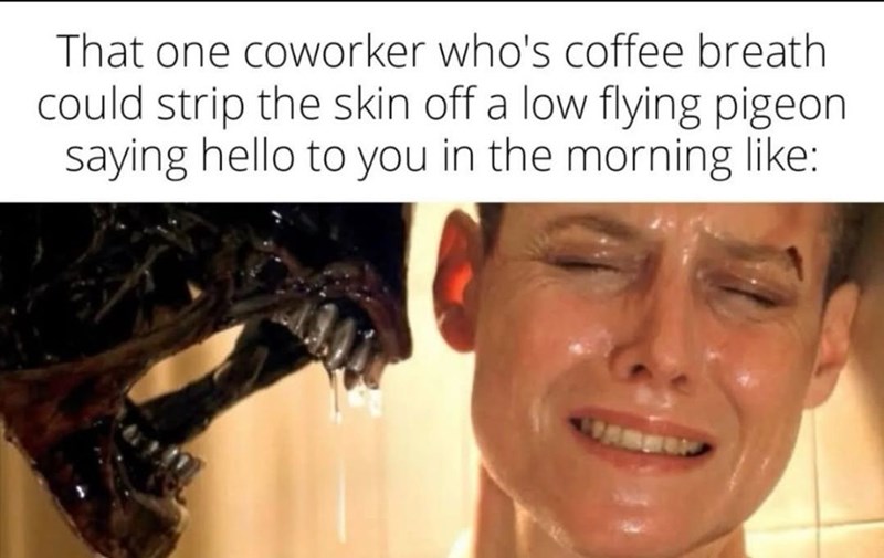 That one coworker who's coffee breath could strip the skin off a low flying pigeon. saying hello to you in the morning like: