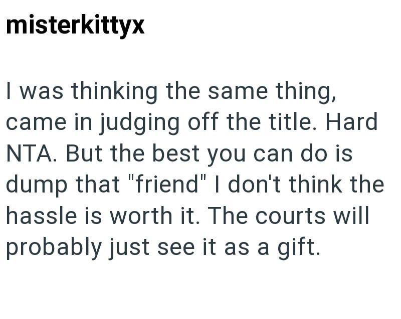 misterkittyx I was thinking the same thing, came in judging off the title. Hard NTA. But the best you can do is dump that "friend" I don't think the hassle is worth it. The courts will probably just see it as a gift.