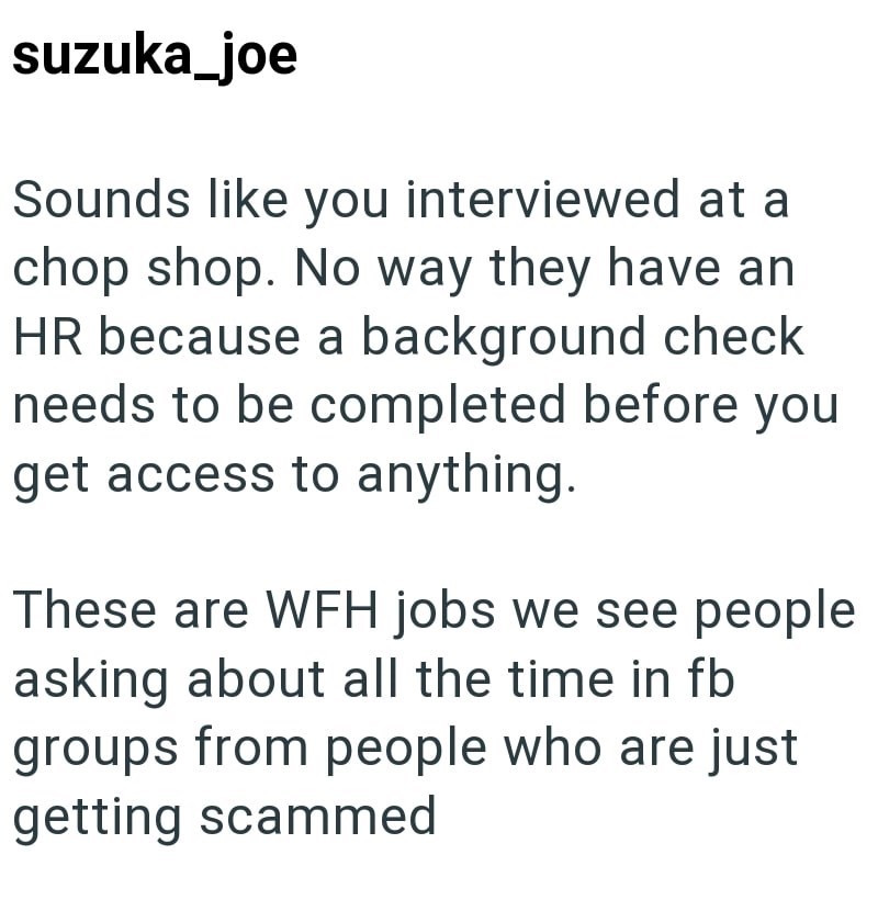 suzuka_joe Sounds like you interviewed at a chop shop. No way they have an HR because a background check needs to be completed before you get access to anything. These are WFH jobs we see people asking about all the time in fb groups from people who are just getting scammed