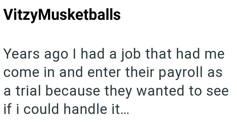 VitzyMusketballs Years ago I had a job that had me come in and enter their payroll as a trial because they wanted to see if i could handle it...