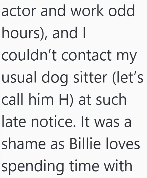 actor and work odd hours), and I couldn't contact my usual dog sitter (let's call him H) at such late notice. It was a shame as Billie loves spending time with