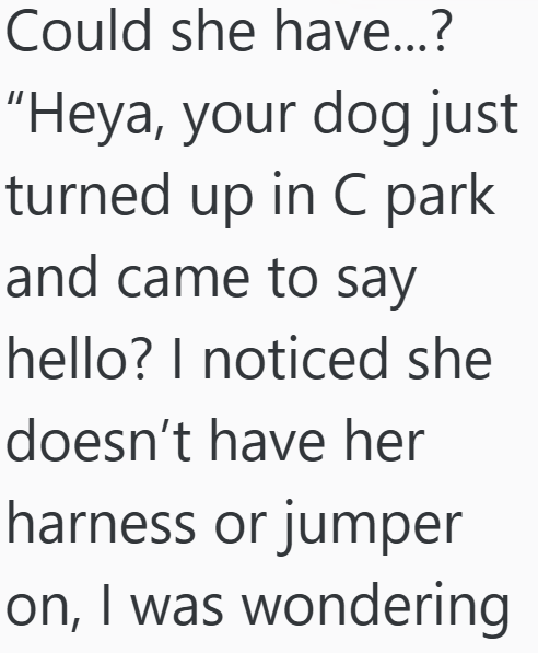 Could she have...? "Heya, your dog just turned up in C park and came to say hello? I noticed she doesn't have her harness or jumper on, I was wondering