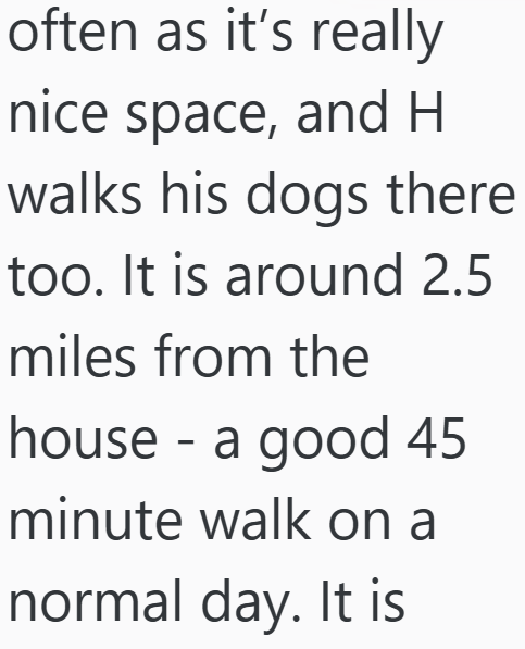 often as it's really nice space, and H walks his dogs there too. It is around 2.5 miles from the house - a good 45 minute walk on a normal day. It is