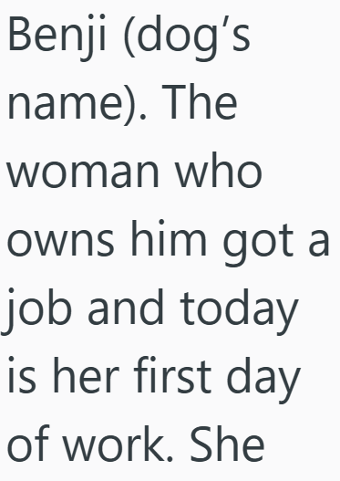 Benji (dog's name). The woman who owns him got a job and today is her first day of work. She