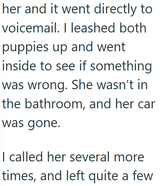 her and it went directly to voicemail. I leashed both puppies up and went inside to see if something was wrong. She wasn't in the bathroom, and her car was gone. I called her several more times, and left quite a few