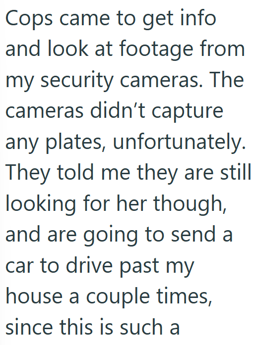 Cops came to get info and look at footage from my security cameras. The cameras didn't capture any plates, unfortunately. They told me they are still looking for her though, and are going to send a car to drive past my house a couple times, since this is such a