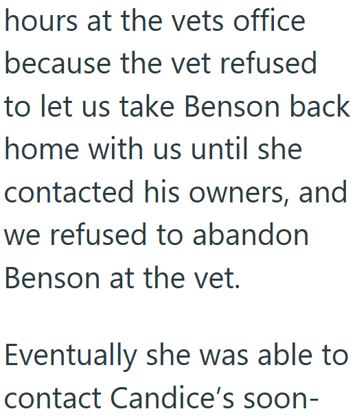 hours at the vets office because the vet refused to let us take Benson back home with us until she contacted his owners, and we refused to abandon Benson at the vet. Eventually she was able to contact Candice's soon-