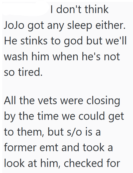 I don't think JoJo got any sleep either. He stinks to god but we'll wash him when he's not so tired. All the vets were closing by the time we could get to them, but s/o is a former emt and took a look at him, checked for