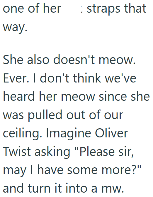 one of her straps that way. She also doesn't meow. Ever. I don't think we've heard her meow since she was pulled out of our ceiling. Imagine Oliver Twist asking "Please sir, may I have some more?" and turn it into a mw.