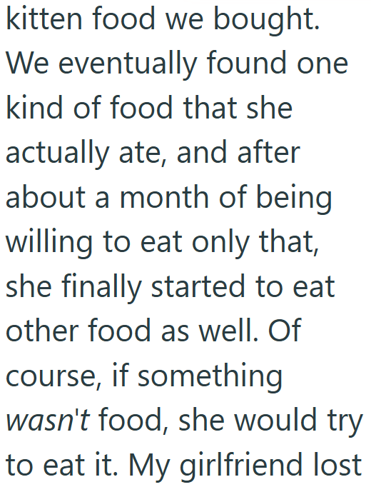 kitten food we bought. We eventually found one kind of food that she actually ate, and after about a month of being willing to eat only that, she finally started to eat other food as well. Of course, if something wasn't food, she would try to eat it. My girlfriend lost