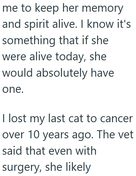 me to keep her memory and spirit alive. I know it's something that if she were alive today, she would absolutely have one. I lost my last cat to cancer over 10 years ago. The vet said that even with surgery, she likely