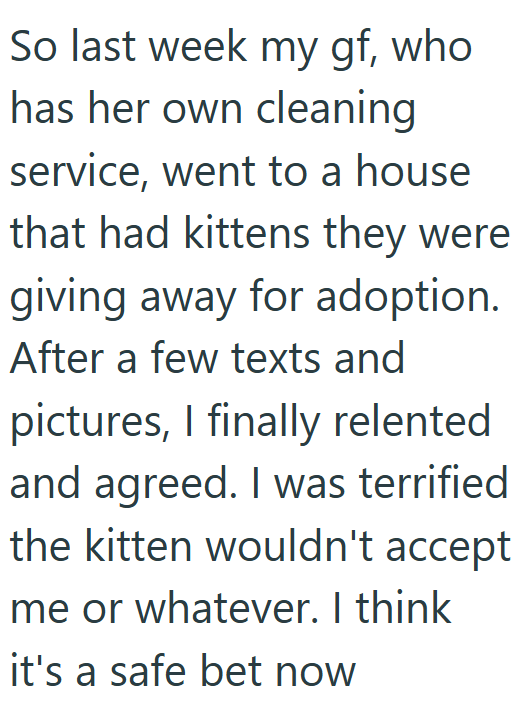 So last week my gf, who has her own cleaning service, went to a house that had kittens they were giving away for adoption. After a few texts and pictures, I finally relented and agreed. I was terrified the kitten wouldn't accept me or whatever. I think it's a safe bet now