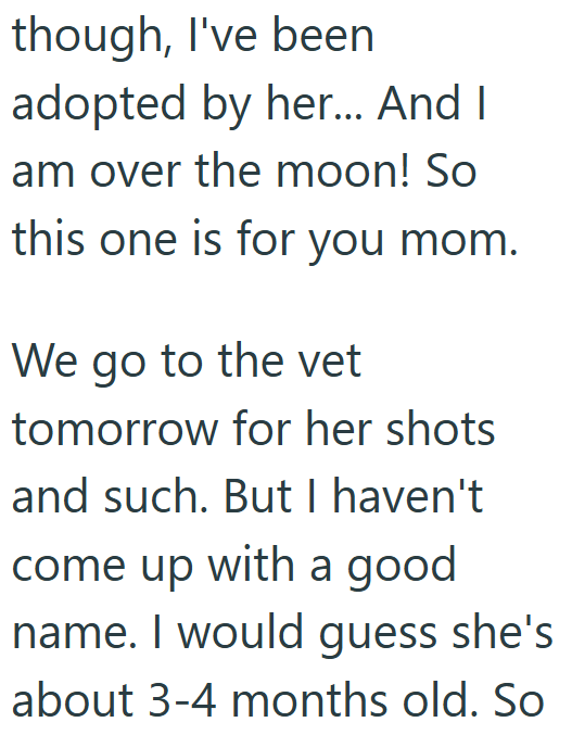 though, I've been adopted by her... And I am over the moon! So this one is for you mom. We go to the vet tomorrow for her shots and such. But I haven't come up with a good name. I would guess she's about 3-4 months old. So