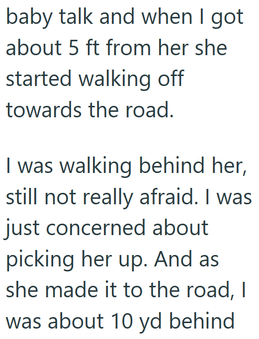 baby talk and when I got about 5 ft from her she started walking off towards the road. I was walking behind her, still not really afraid. I was just concerned about picking her up. And as she made it to the road, I was about 10 yd behind