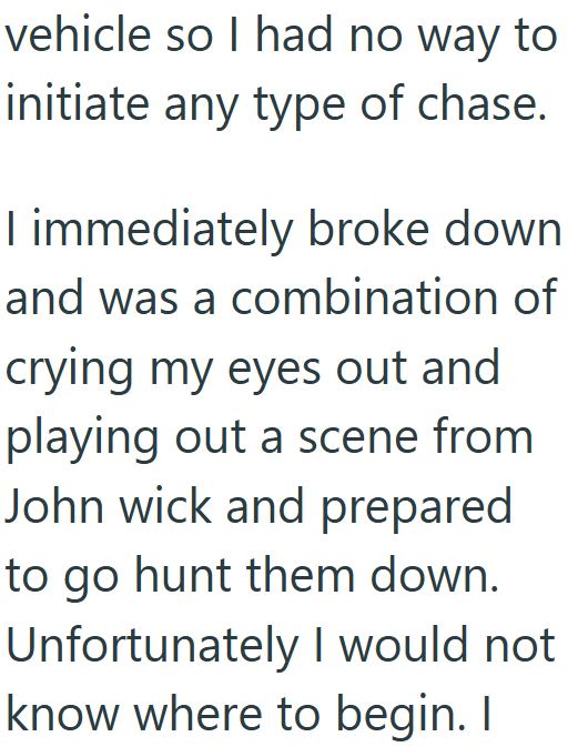 vehicle so I had no way to initiate any type of chase. I immediately broke down and was a combination of crying my eyes out and playing out a scene from John wick and prepared to go hunt them down. Unfortunately I would not. know where to begin. I