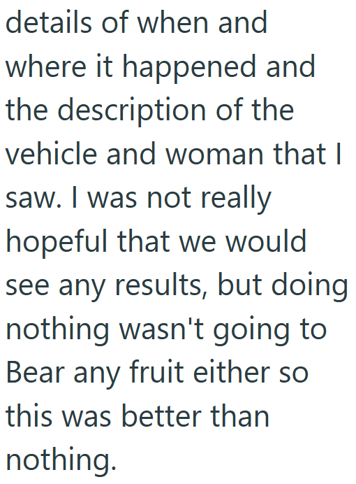 details of when and where it happened and the description of the vehicle and woman that I saw. I was not really hopeful that we would see any results, but doing nothing wasn't going to Bear any fruit either so this was better than nothing.