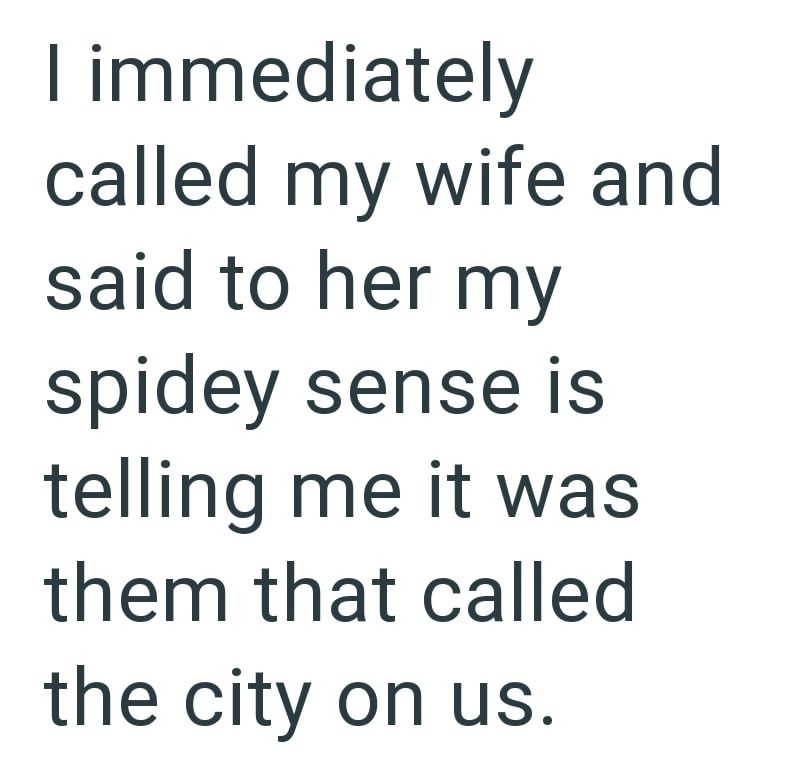 I immediately called my wife and said to her my spidey sense is telling me it was them that called the city on us.