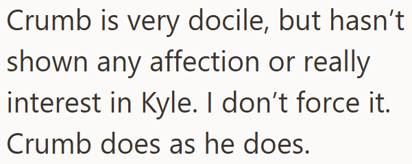 Crumb is very docile, but hasn't shown any affection or really interest in Kyle. I don't force it. Crumb does as he does.
