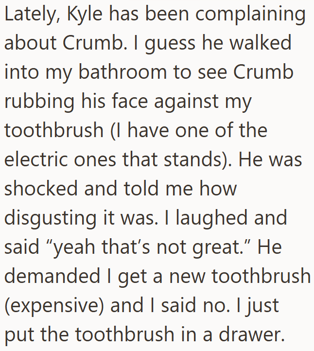 Lately, Kyle has been complaining about Crumb. I guess he walked into my bathroom to see Crumb rubbing his face against my toothbrush (I have one of the electric ones that stands). He was shocked and told me how disgusting it was. I laughed and said "yeah that's not great." He demanded I get a new toothbrush (expensive) and I said no. I just put the toothbrush in a drawer.