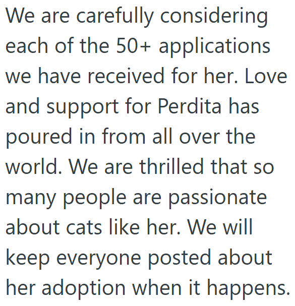 We are carefully considering each of the 50+ applications we have received for her. Love and support for Perdita has poured in from all over the world. We are thrilled that so many people are passionate about cats like her. We will keep everyone posted about her adoption when it happens.
