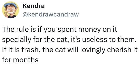 Kendra @kendrawcandraw The rule is if you spent money on it specially for the cat, it's useless to them. If it is trash, the cat will lovingly cherish it for months
