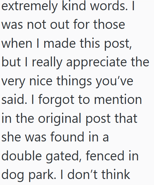 extremely kind words. I was not out for those when I made this post, but I really appreciate the very nice things you've said. I forgot to mention in the original post that she was found in a double gated, fenced in dog park. I don't think