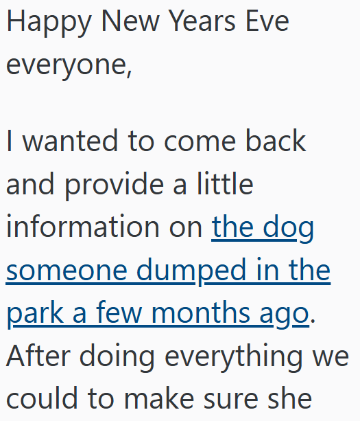 Happy New Years Eve everyone, I wanted to come back and provide a little information on the dog someone dumped in the park a few months ago. After doing everything we could to make sure she