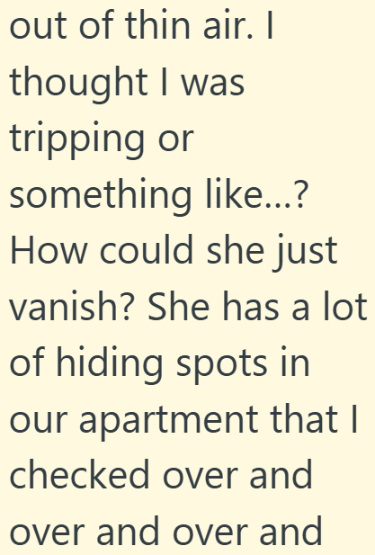 out of thin air. I thought I was tripping or something like...? How could she just vanish? She has a lot of hiding spots in our apartment that I checked over and over and over and