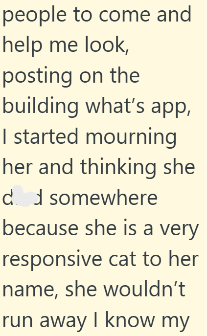 people to come and help me look, posting on the building what's app, I started mourning her and thinking she dd somewhere because she is a very responsive cat to her name, she wouldn't run away I know my
