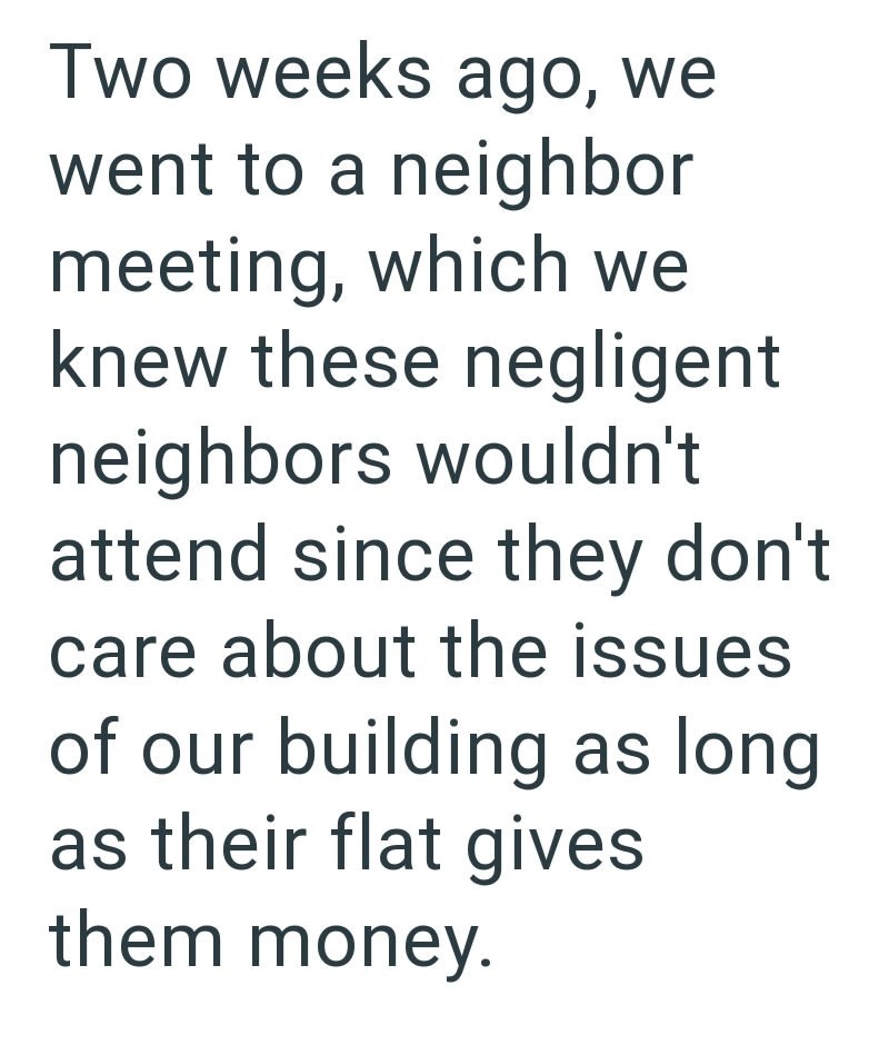 Two weeks ago, we went to a neighbor meeting, which we knew these negligent neighbors wouldn't attend since they don't care about the issues of our building as long as their flat gives them money.