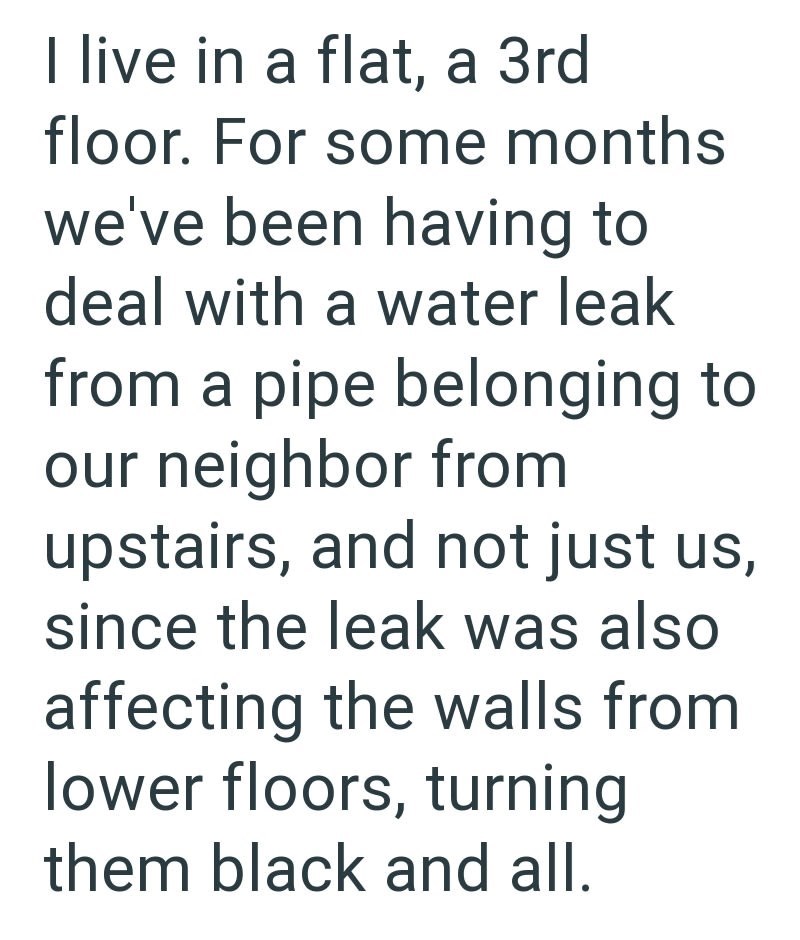 I live in a flat, a 3rd floor. For some months we've been having to deal with a water leak from a pipe belonging to our neighbor from upstairs, and not just us, since the leak was also affecting the walls from lower floors, turning them black and all.