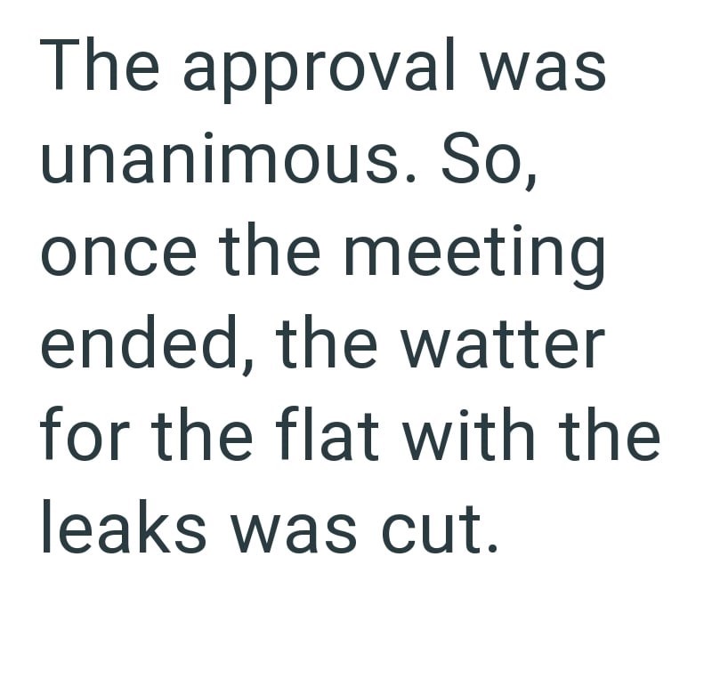 The approval was unanimous. So, once the meeting ended, the watter for the flat with the leaks was cut.