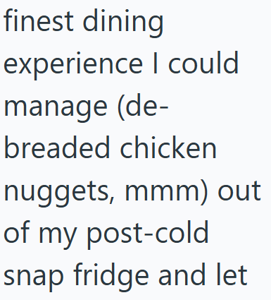 finest dining experience I could manage (de- breaded chicken nuggets, mmm) out of my post-cold snap fridge and let