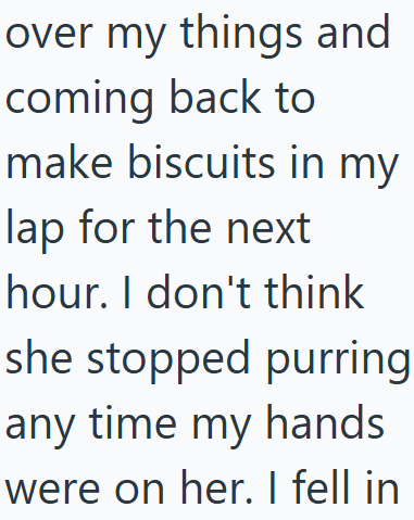 over my things and coming back to make biscuits in my lap for the next hour. I don't think she stopped purring any time my hands were on her. I fell in