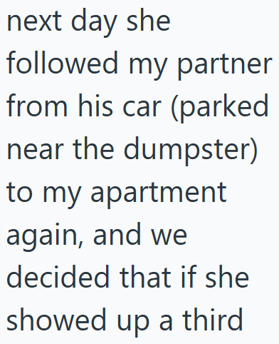 next day she followed my partner from his car (parked near the dumpster) to my apartment again, and we decided that if she showed up a third