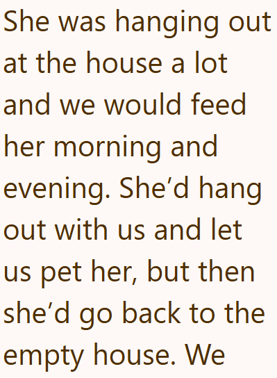 She was hanging out at the house a lot and we would feed her morning and evening. She'd hang out with us and let us pet her, but then she'd go back to the empty house. We
