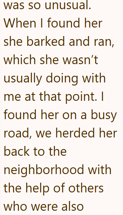 was so unusual. When I found her she barked and ran, which she wasn't usually doing with me at that point. I found her on a busy road, we herded her back to the neighborhood with the help of others who were also