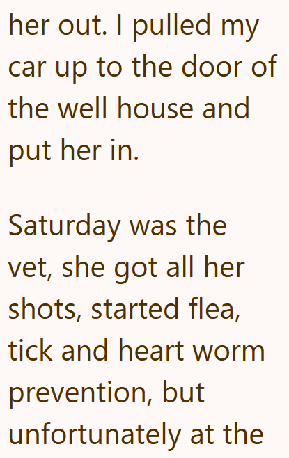 her out. I pulled my car up to the door of the well house and put her in. Saturday was the vet, she got all her shots, started flea, tick and heart worm prevention, but unfortunately at the