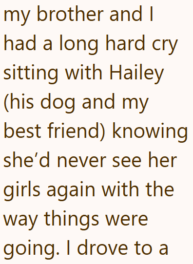 my brother and I had a long hard cry sitting with Hailey (his dog and my best friend) knowing she'd never see her girls again with the way things were going. I drove to a
