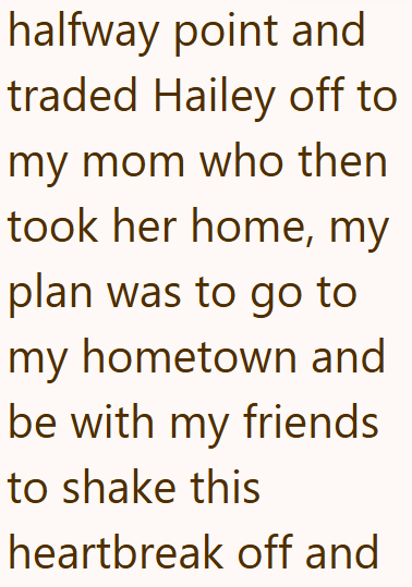 halfway point and traded Hailey off to my mom who then took her home, my plan was to go to my hometown and be with my friends to shake this heartbreak off and